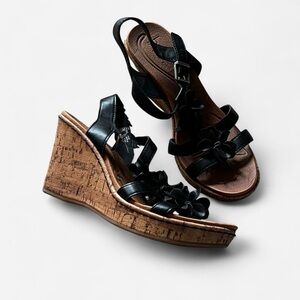 Women’s Black Cork Wedge Sandals with Floral Straps